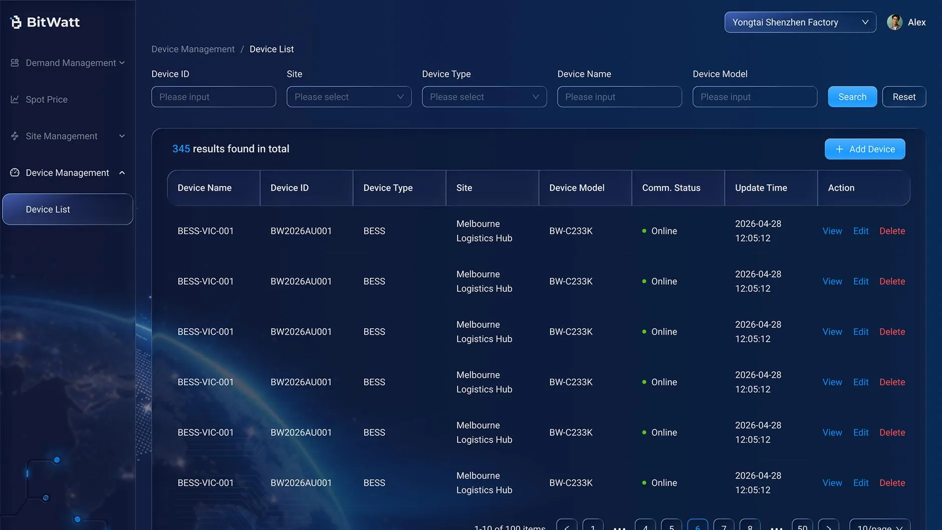 BitWatt AI Energy Management Platform: device management list for battery energy storage systems